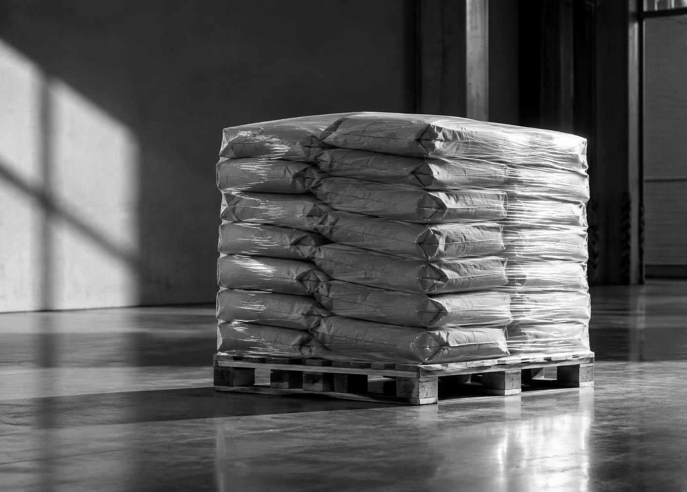 A pallet of packaged industrial materials in a warehouse