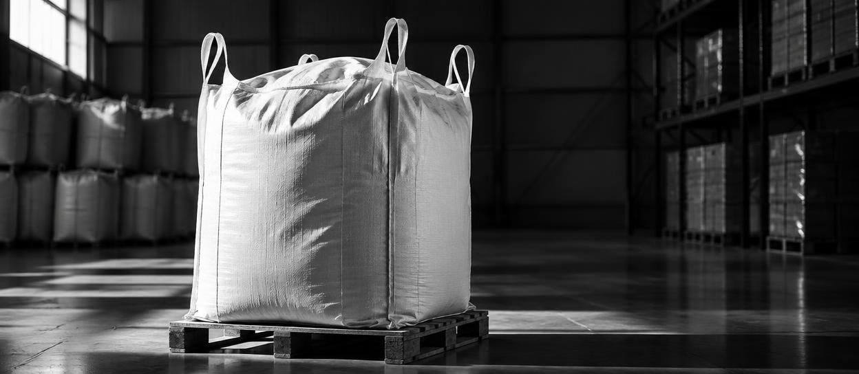 A woven polypropylene bulk bag on a warehouse pallet